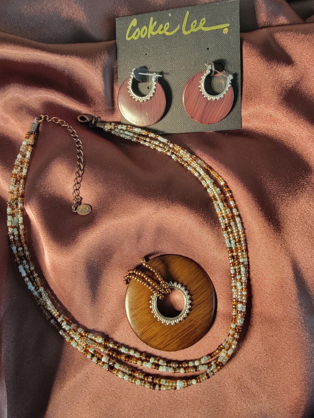 Cookie Lee Multi Color Bead & Wood Pendant Necklace with Matching Earrings